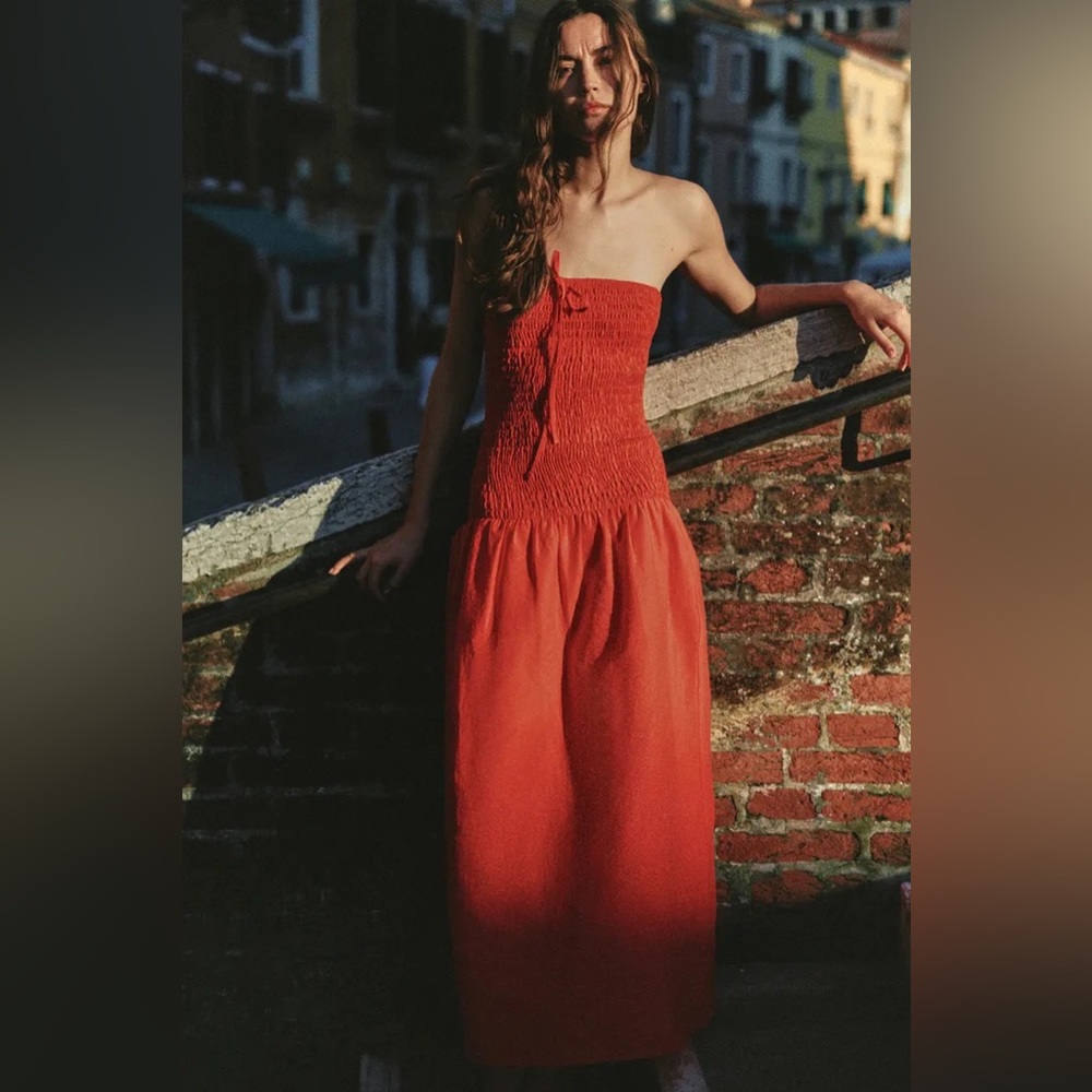 ZARA SMOCKED MIDI DRESS - Picture 2 of 16
